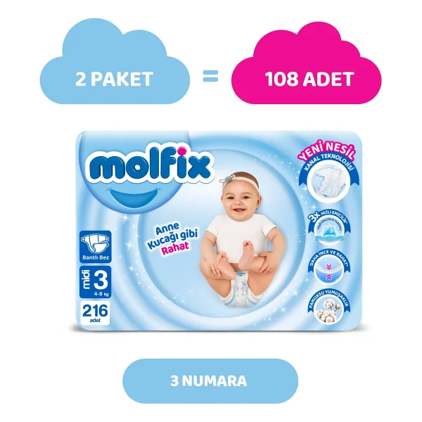 Molfix 3 Numara Midi 108'li 2 Adet Bebek Bezi - Görsel 2