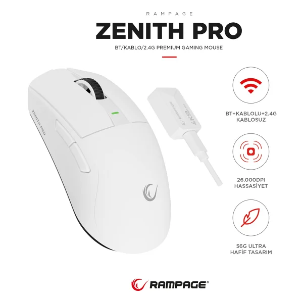 Rampage Zenith Pro 4K Şarjlı Optik Kablolu/Kablosuz Oyuncu Mouse - Görsel 8
