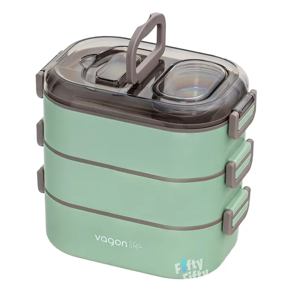Vagonlife Bento 1450ml Lunchbox Yeni Koleksiyon Üç Katlı 5 Bölmeli Çelik Sefer Tası Yemek Kutusu Yeşil - Görsel 2