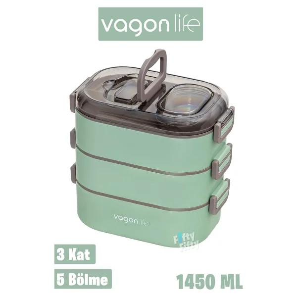 Vagonlife Bento 1450ml Lunchbox Yeni Koleksiyon Üç Katlı 5 Bölmeli Çelik Sefer Tası Yemek Kutusu Yeşil - Görsel 9