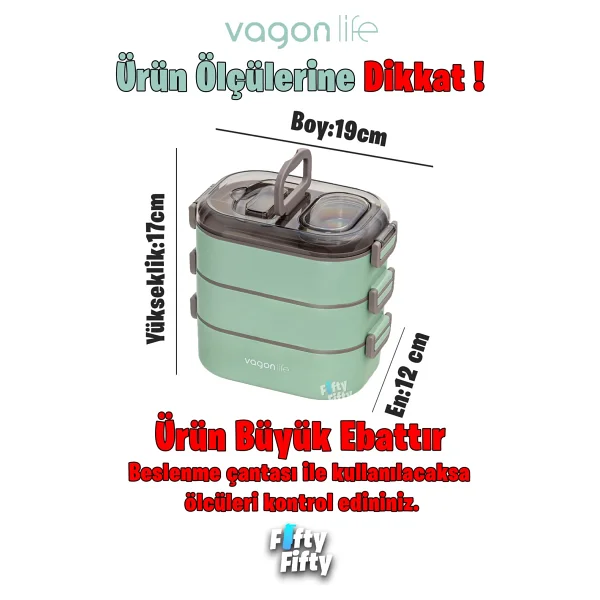 Vagonlife Bento 1450ml Lunchbox Yeni Koleksiyon Üç Katlı 5 Bölmeli Çelik Sefer Tası Yemek Kutusu Yeşil - Görsel 3