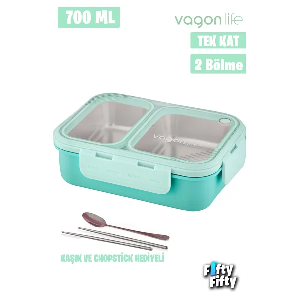 Vagonlife Vgn7096 Yeşil Metal Kaşıklı 2 Bölmeli 700 Ml Çelik Yemek Kutusu - Görsel 2