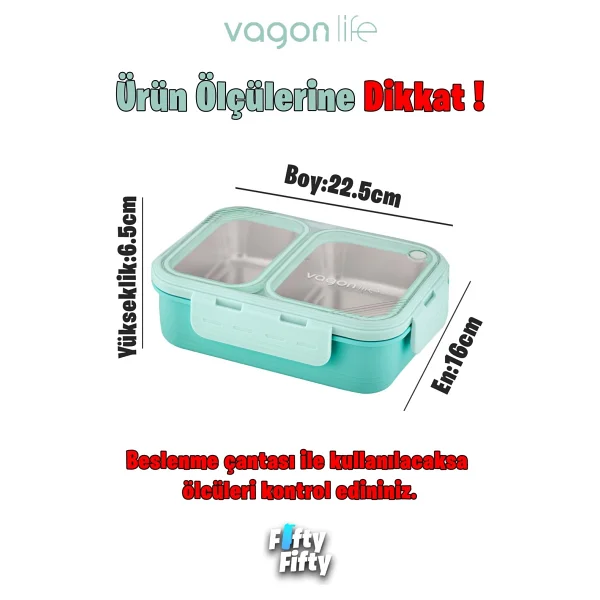 Vagonlife Vgn7096 Yeşil Metal Kaşıklı 2 Bölmeli 700 Ml Çelik Yemek Kutusu - Görsel 3