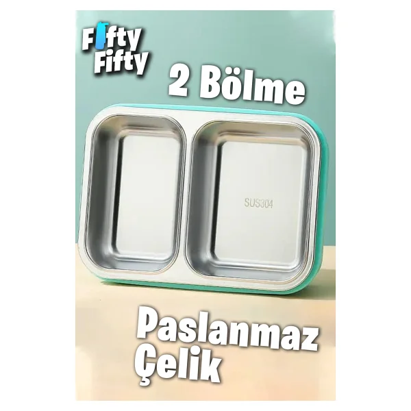 Vagonlife Vgn7096 Yeşil Metal Kaşıklı 2 Bölmeli 700 Ml Çelik Yemek Kutusu - Görsel 4