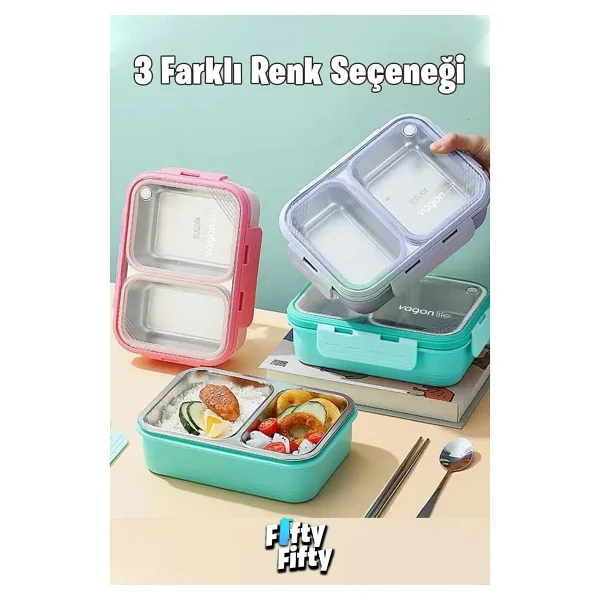 Vagonlife Vgn7096 Yeşil Metal Kaşıklı 2 Bölmeli 700 Ml Çelik Yemek Kutusu - Görsel 5