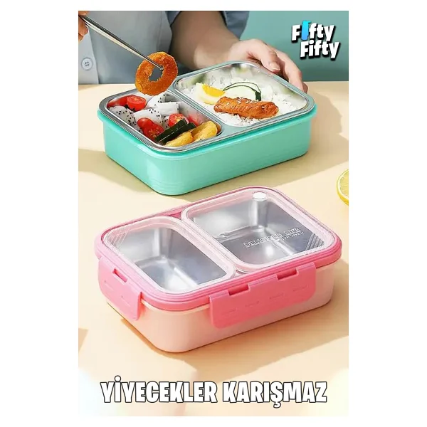 Vagonlife Vgn7096 Yeşil Metal Kaşıklı 2 Bölmeli 700 Ml Çelik Yemek Kutusu - Görsel 6