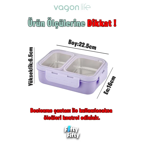 Vagonlife Vgn7096 Mor Metal Kaşıklı 2 Bölmeli 700 Ml Çelik Yemek Kutusu - Görsel 10