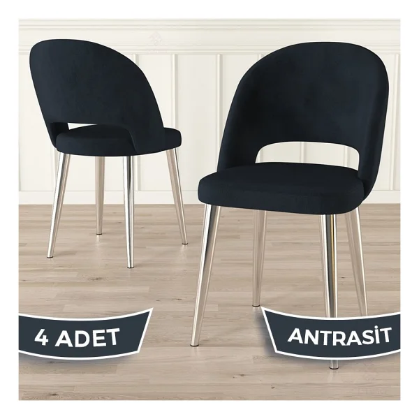 Canisa Pane Serisi 4 Adet Mutfak Sandalyesi Krom Kaplama Metal Ayak - Gri - Görsel 5