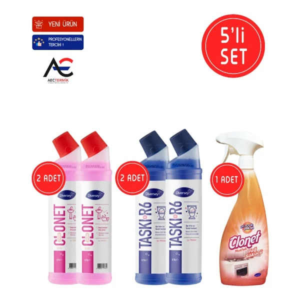 Diversey Clonet 5'li Set Temizlik Paketi 1 Mutfak Yağ Çözücü + 2 Banyo + 2 Tuvalet Temizleyici - 750 Ml - Görsel 8