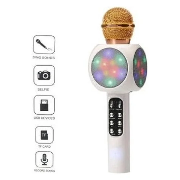 Tastech LED Işıklı Şarjlı Kablosuz Karaoke Mikrofon Bluetooth Hoparlör Ses Değiştirme Sd Kart USB Girişli - Beyaz - Görsel 2