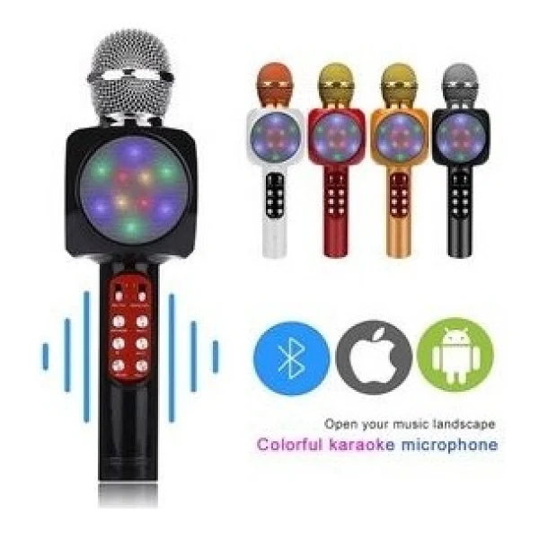 Tastech LED Işıklı Şarjlı Kablosuz Karaoke Mikrofon Bluetooth Hoparlör Ses Değiştirme Sd Kart USB Girişli - Kırmızı - Görsel 4