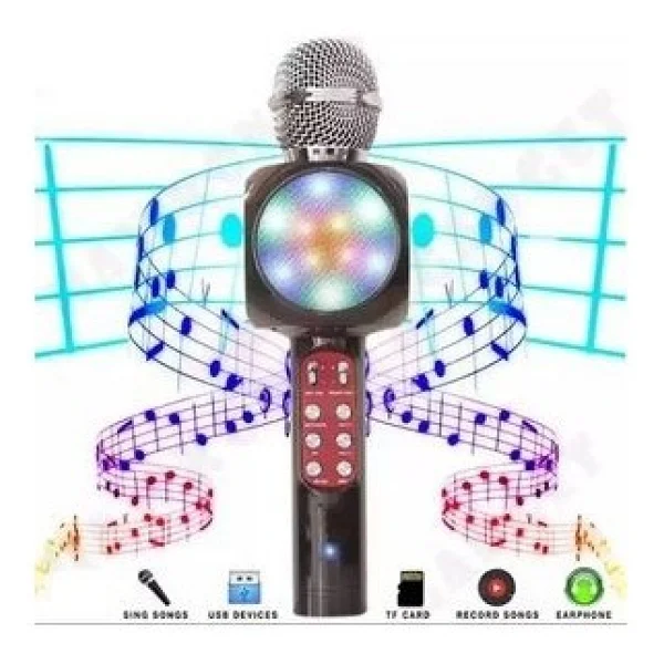 Tastech LED Işıklı Şarjlı Kablosuz Karaoke Mikrofon Bluetooth Hoparlör Ses Değiştirme Sd Kart USB Girişli - Siyah - Görsel 3