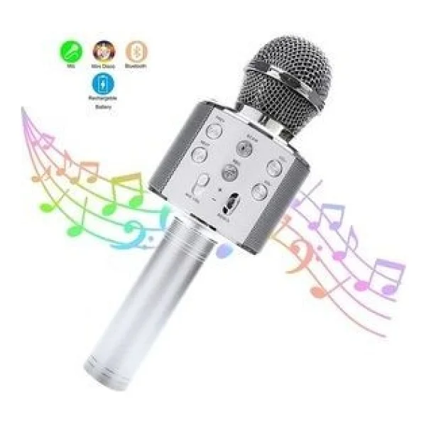 Tastech Şarjlı Kablosuz Karaoke Mikrofon Bluetooth Hoparlör Ses Değiştirme Özellikli Sd Kart USB Girişli - Gümüş - Görsel 9