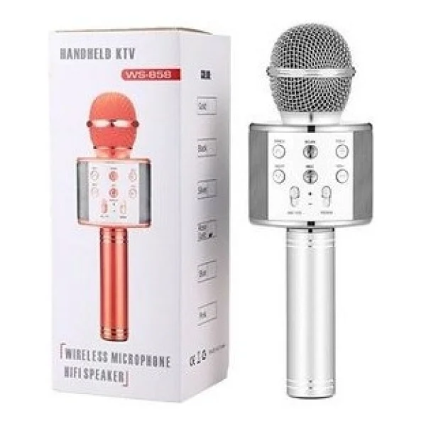 Tastech Şarjlı Kablosuz Karaoke Mikrofon Bluetooth Hoparlör Ses Değiştirme Özellikli Sd Kart USB Girişli - Gümüş - Görsel 3