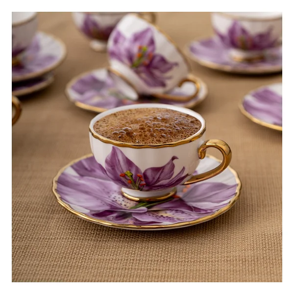 Emsan Arya 6 Kişilik Kahve Fincan Takımı 80 Ml Desenli Porselen 12 Parçalı Şık Sunum - Mor - Görsel 3