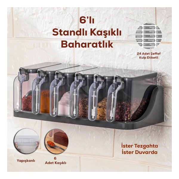 Porsima Standlı Kendinden Yapışkanlı Kapaklı Kaşıklı 6'lı Baharat Takımı - Görsel 7