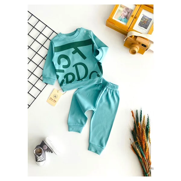 Neşeli Bebekler Harf Baskılı Yakadan Düğmeli Mevsmlik Takım Turkuaz - 3 - 6 Ay - Görsel 4