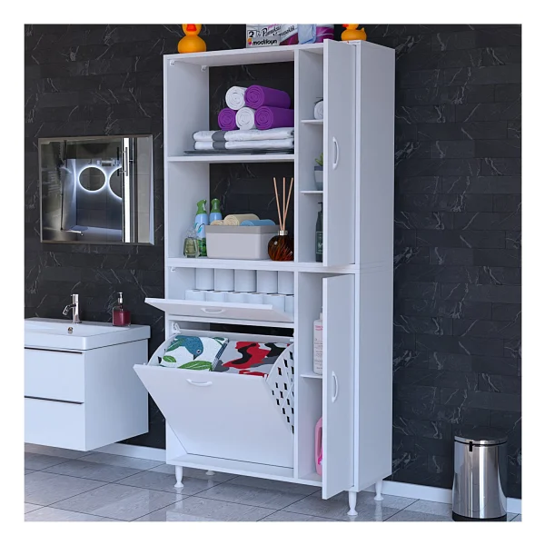 Modilayn Mis Urla Yenice Kirli Çamaşır Sepetli Dolap Çok Amaçlı Dolap Banyo Dolabı 90 x 183 x 32 cm - Görsel 5