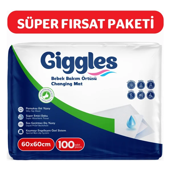 Giggles 60x60 Cm Bebek Bakım Örtüsü Alt Açma Bezi 10 Paket (100 Adet) Pamuksu Üst Yüzey İle Konforlu Kullanım - Görsel 9