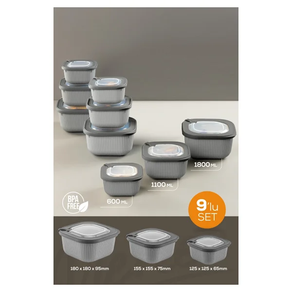 Vienev 9'lu 3x(600-1100-1800 ML) Mikrodalga Ve Difrize Uygun Vip Kapaklı Özel Saklama Kabı Seti Bej - Görsel 6