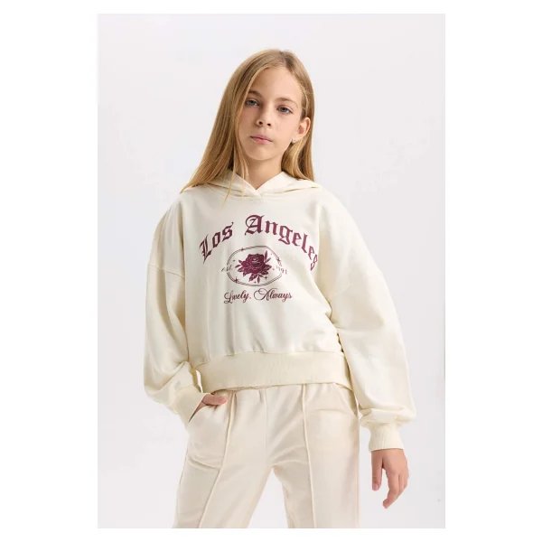 Defacto Kız Çocuk Ekru Oversize Geniş Kalıp Kapüşonlu Baskılı Sweatshirt D7041a824wn - Görsel 3
