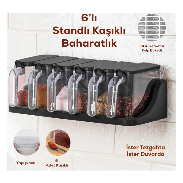 Porsima Standlı Kendinden Yapışkanlı Kapaklı Kaşıklı 6'lı Baharat Takımı - Görsel 6