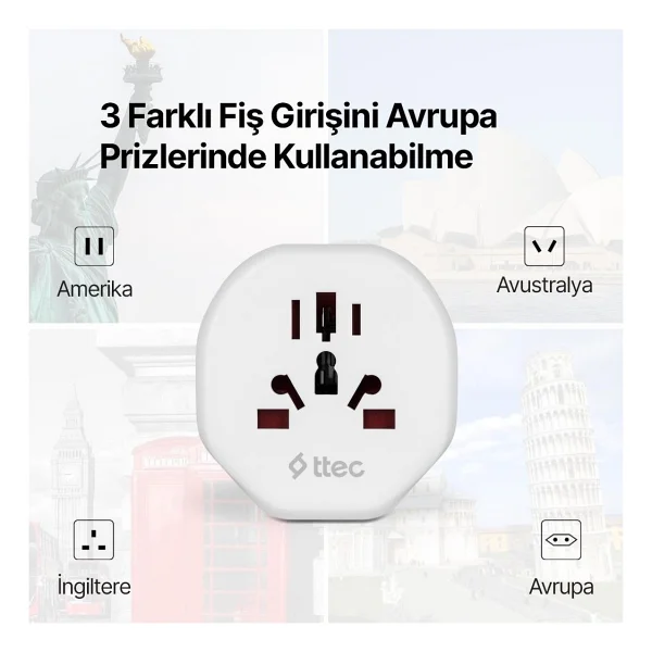 Ttec Akım Korumalı 10a/250v Amerikan/Avrupa/İngiliz Tipi Priz Dönüştürücü Priz Çevirici Adaptör Priz - Görsel 3