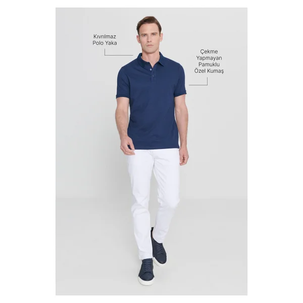 Altınyıldız Classics Erkek Çekmeyen Pamuklu Kumaş Slim Fit Dar Kesim Lacivert Kıvrılmaz Polo Yaka Tişört - 51l-Lacivert - Görsel 3
