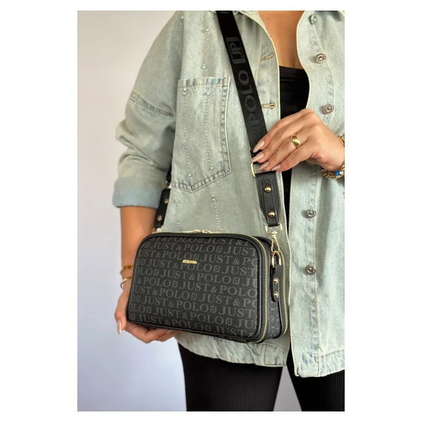Just Polo Kadın Siyah 5 Bölmeli Ayarlanabilir Uzun Askılı Omuz Çantası Postacı Çantası 6 Bölmeli 28 X18 cm 4023-GD - Görsel 3