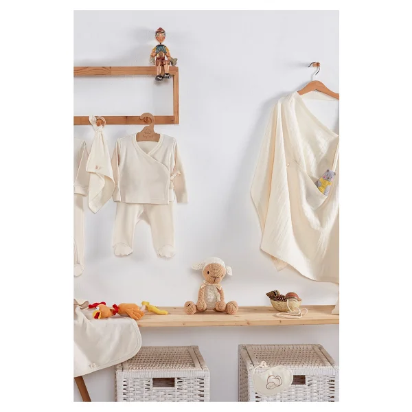 Tiny Lamb Pure Organik Pamuk Penye Yenidoğan Seti Baskısız Yenidoğan Set - 11 Parça - Krem Renk %100 Pamuk Organik Bebek Hastane Çıkışı - 0 - 3 Ay - Bej - Görsel 8