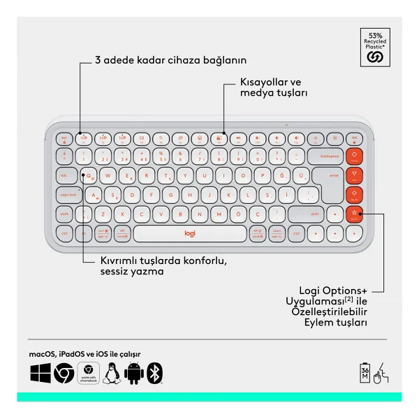 Logitech Pop Icon Combo 920-013076 Beyaz Kablosuz Klavye Mouse Seti - Görsel 3