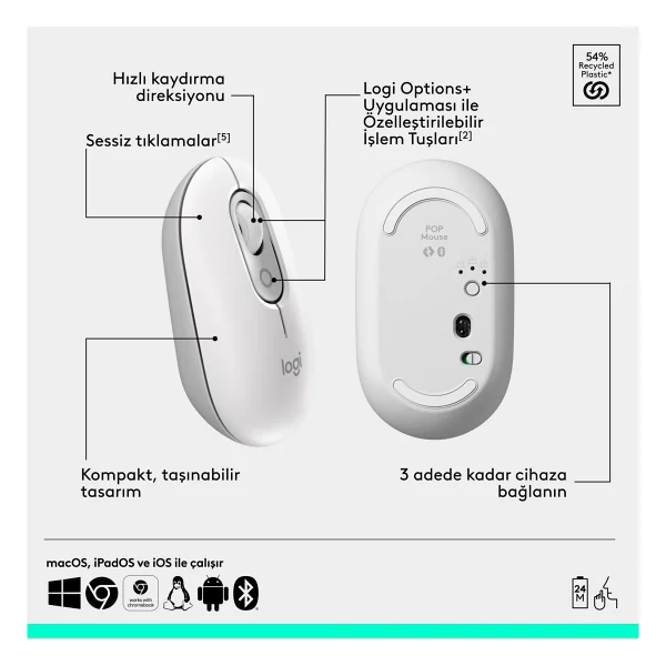 Logitech Pop Icon Combo 920-013076 Beyaz Kablosuz Klavye Mouse Seti - Görsel 4