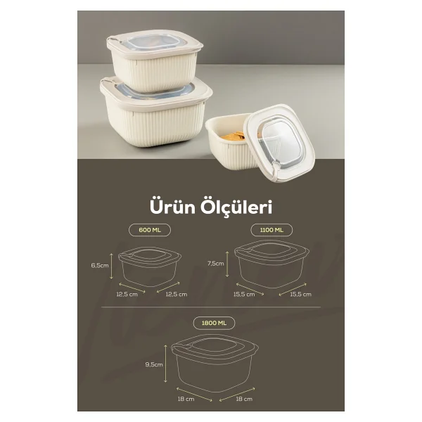 Vienev 9'lu 3x(600-1100-1800 ML) Mikrodalga Ve Difrize Uygun Vip Kapaklı Özel Saklama Kabı Seti Bej - Görsel 2