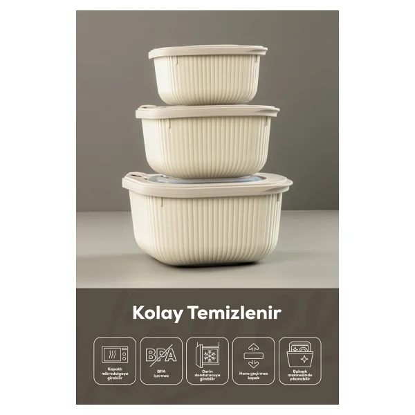 Vienev 9'lu 3x(600-1100-1800 ML) Mikrodalga Ve Difrize Uygun Vip Kapaklı Özel Saklama Kabı Seti Bej - Görsel 3