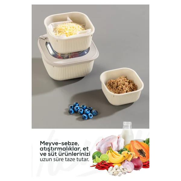 Vienev 9'lu 3x(600-1100-1800 ML) Mikrodalga Ve Difrize Uygun Vip Kapaklı Özel Saklama Kabı Seti Bej - Görsel 4