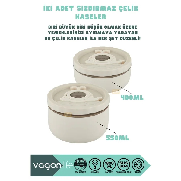 Vagonlife Bento 1800ml Lunchbox 2 Kaseli 4-6 Saat Sıcak/Soğuk Termos Özellikli Çelik Sefer Tası Yemek Kutusu (Bej) - Görsel 2