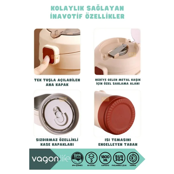Vagonlife Bento 1800ml Lunchbox 2 Kaseli 4-6 Saat Sıcak/Soğuk Termos Özellikli Çelik Sefer Tası Yemek Kutusu (Bej) - Görsel 3