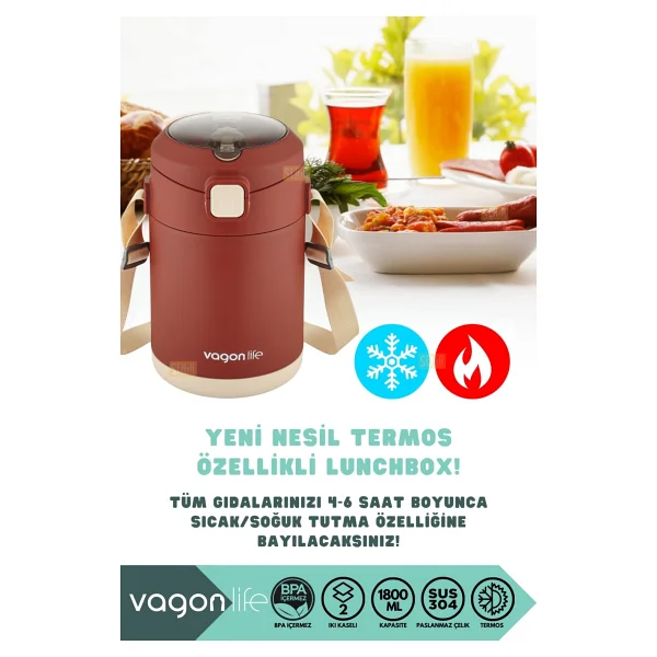 Vagonlife Bento 1800ml Lunchbox 2 Kaseli 4-6 Saat Sıcak/Soğuk Termos Özellikli Çelik Sefer Tası Yemek Kutusu (Bej) - Görsel 4