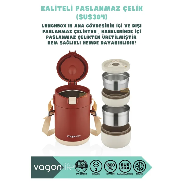 Vagonlife Bento 1800ml Lunchbox 2 Kaseli 4-6 Saat Sıcak/Soğuk Termos Özellikli Çelik Sefer Tası Yemek Kutusu (Bej) - Görsel 5