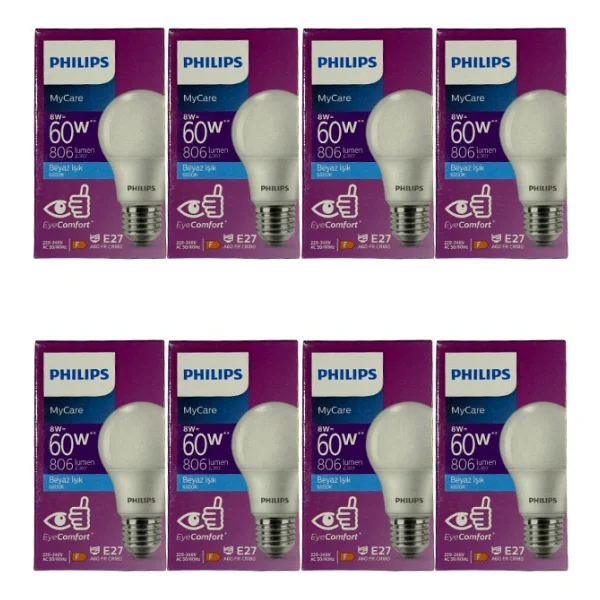 Philips 8W (60W) 6500K (Beyaz Işık) E27 Duylu Klasik Led Ampul (8 Adet) - Görsel 6