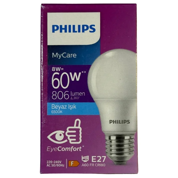 Philips 8W (60W) 6500K (Beyaz Işık) E27 Duylu Klasik Led Ampul (8 Adet) - Görsel 2