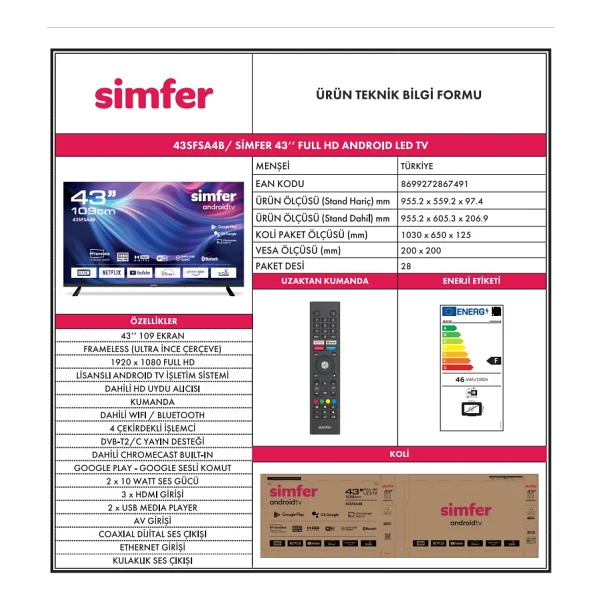 Simfer 43sfsa4b Full HD 43" 109 Ekran Uydu Alıcılı Android Smart LED TV - Görsel 7