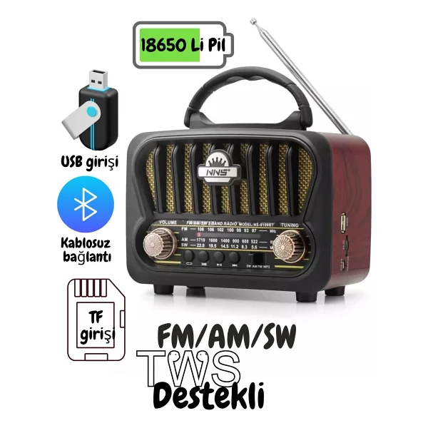 MN6 NS-09 Nostaljik Mini Radyo/Tws Destekli/18650 Li-pil Antenli/Fm radyo mini radyo/bluetooth nostaljik radyo-Ahşap görünümlü/nostaljik radyo - Gümüş - Görsel 5