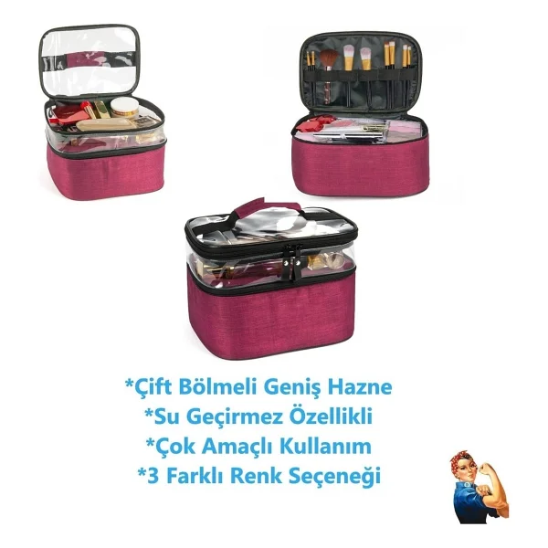 Ankaflex Makyaj Çantası Çift Bölmeli Şeffaf Çok Amaçlı Su Geçirmez Derin Hazneli Geniş Hacimli Profesyonel - Görsel 2