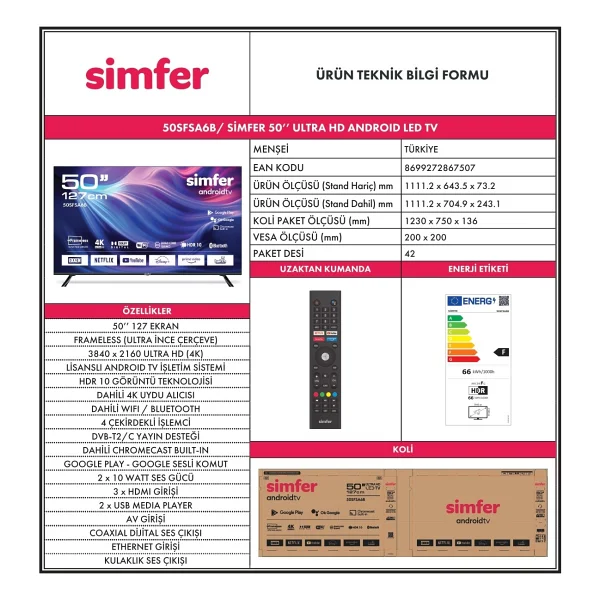 Simfer 50sfsa6b 4K Ultra HD 50" 127 Ekran Uydu Alıcılı Android Smart LED TV - Görsel 7