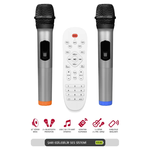 Powerway Şarjlı Çift Mikrofonlu Hoparlör Karaoke Sistemi Taşınabilir Amfi Mt70 Bluetooth Hoparlör - Görsel 4