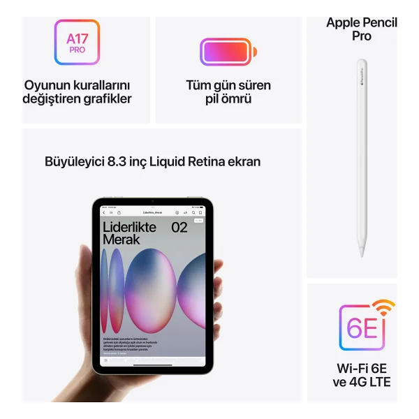 iPad Mini 7. Nesil Wi-Fi + Cellular 128 GB 8.3" Mxpp3tu/A Mavi Tablet - Görsel 8