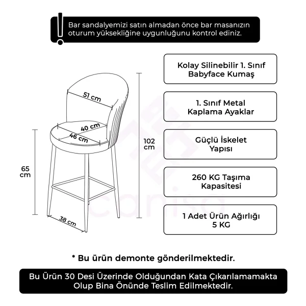 Canisa Alte Serisi 4 Adet Babyface Kumaş 65 Cm Krom Kaplama Ayaklı Bar Sandalyesi - Lacivert - Görsel 7