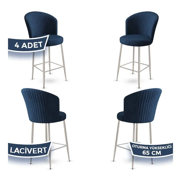 Canisa Alte Serisi 4 Adet Babyface Kumaş 65 Cm Krom Kaplama Ayaklı Bar Sandalyesi - Lacivert - Görsel 4
