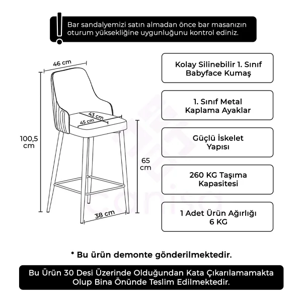 Canisa Tera Serisi 6 Adet Babyface Kumaş 65 Cm Gold Kaplama Ayaklı Bar Sandalyesi - Gri - Görsel 3